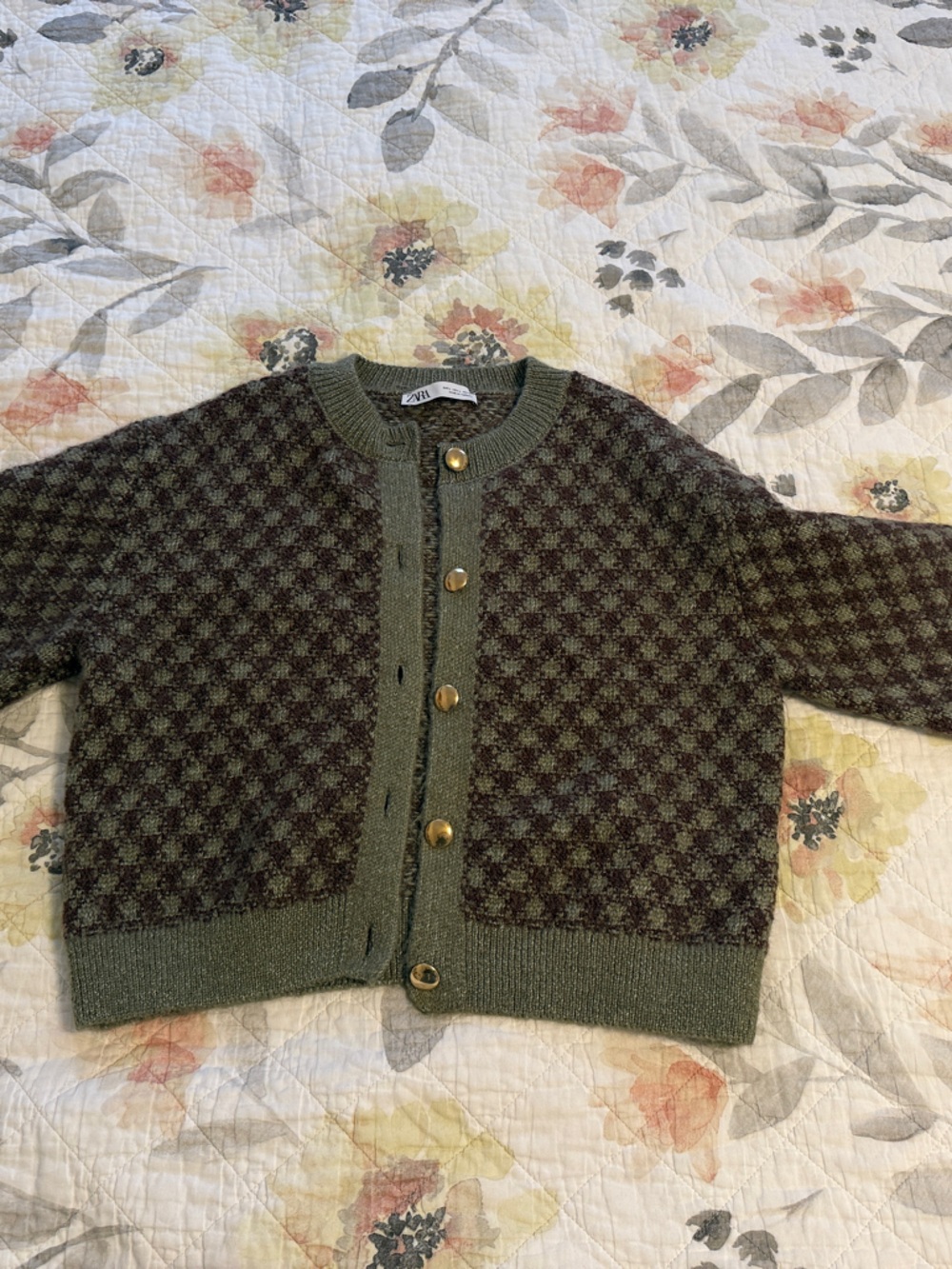 Women’s Zara Olive Green and Dark Brown Patterned Knit Cardigan